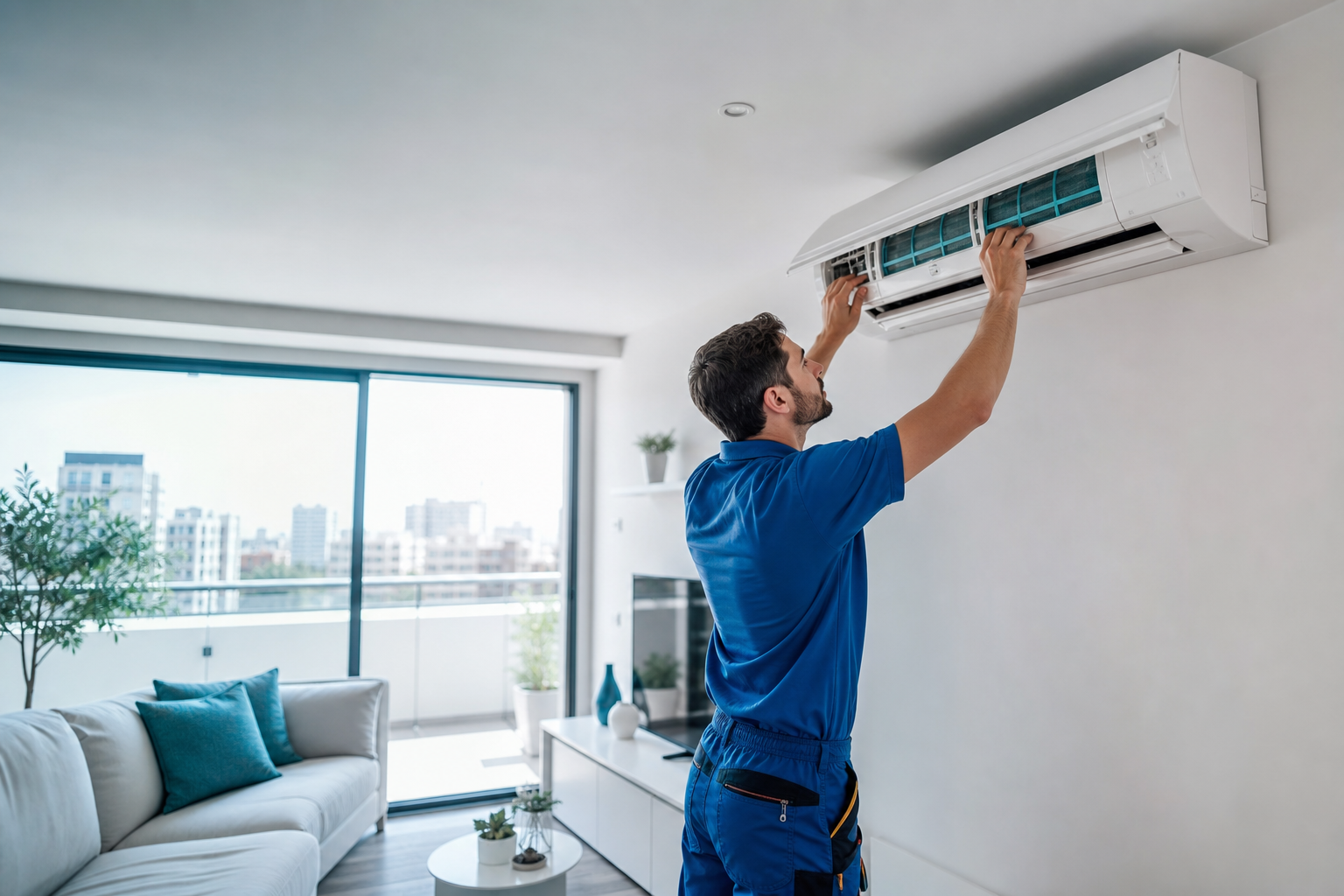 Tecnico de climatizacion instalando aire acondicionado en Madrid