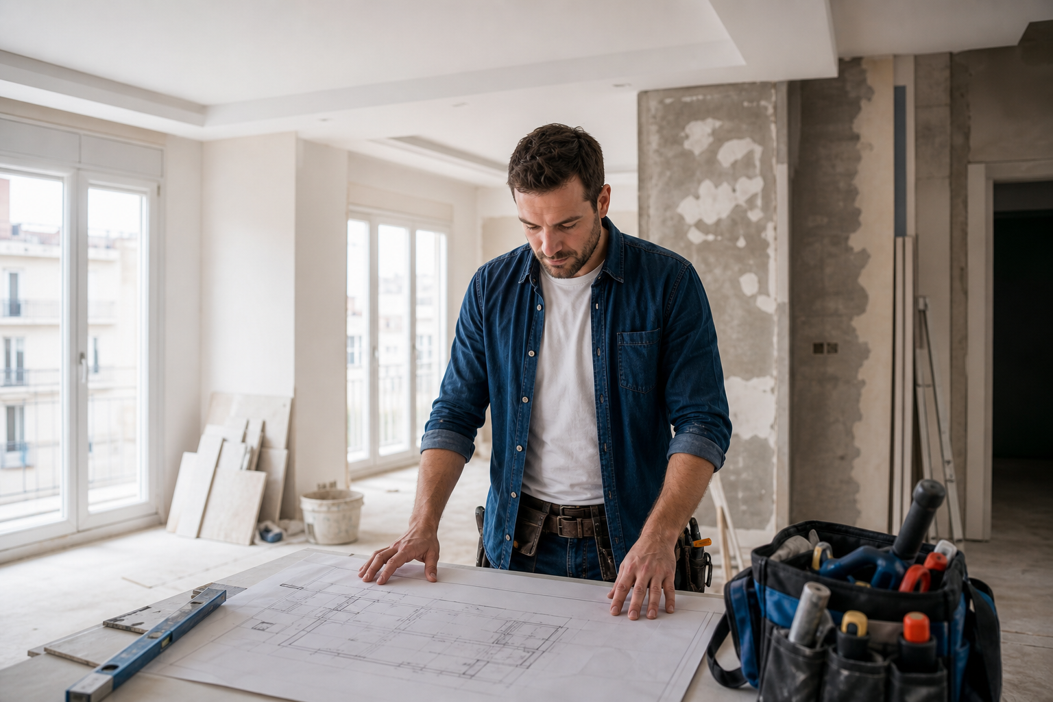Reforma integral en Madrid con profesional revisando planos de obra